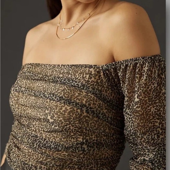 Anthropologie Leopard Print Shirred Mesh Top Size L - Picture 2 of 10
